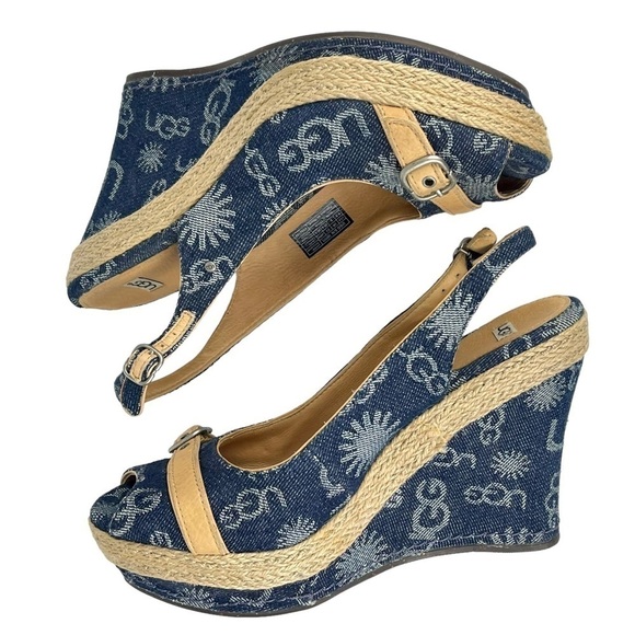 UGG NOELLA Y2K DENIM LOGO PEEP TOE SLINGBACK ESPADRILLE WEDGE HEELS - Picture 6 of 12
